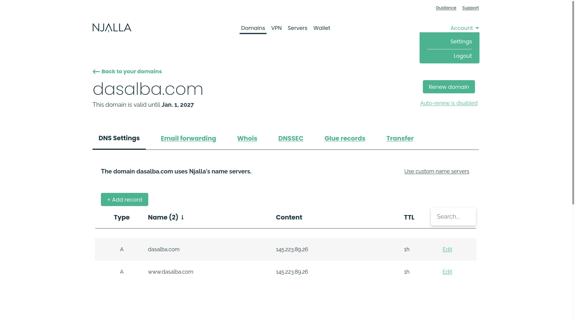 The domain manager in Njalla. It can't get any simpler than this.