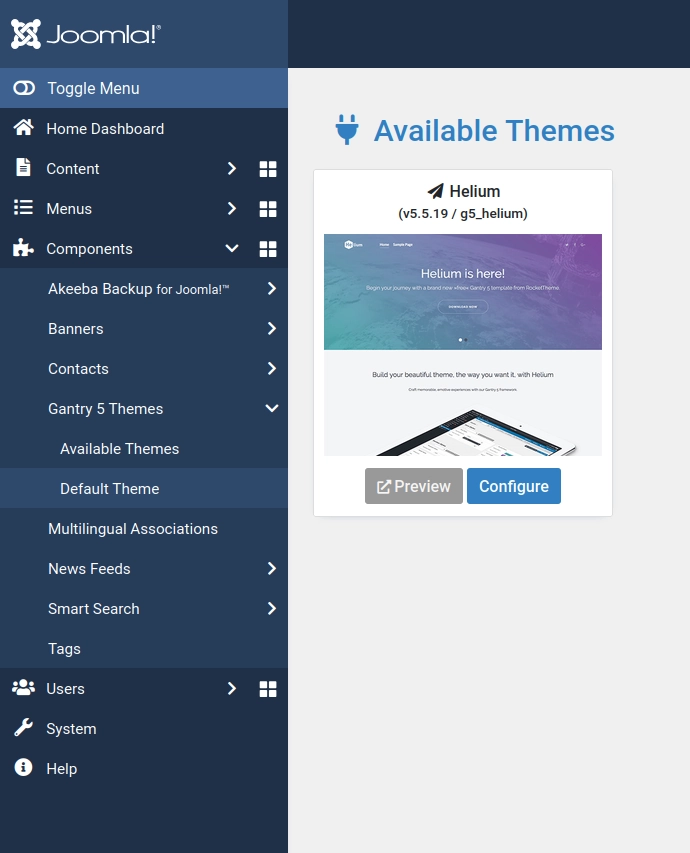 Unless you installed additional Gantry themes, you'll only have either Helium or Hydrogen.