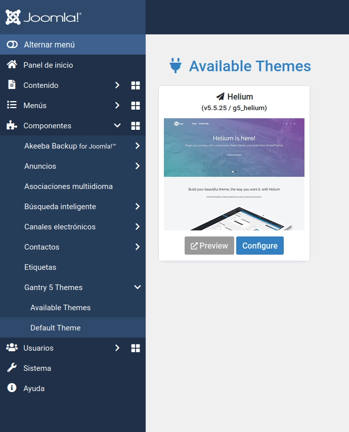 Salvo que hayas instalado temas adicionales de Gantry, sólo tendrás Helium o Hydrogen.