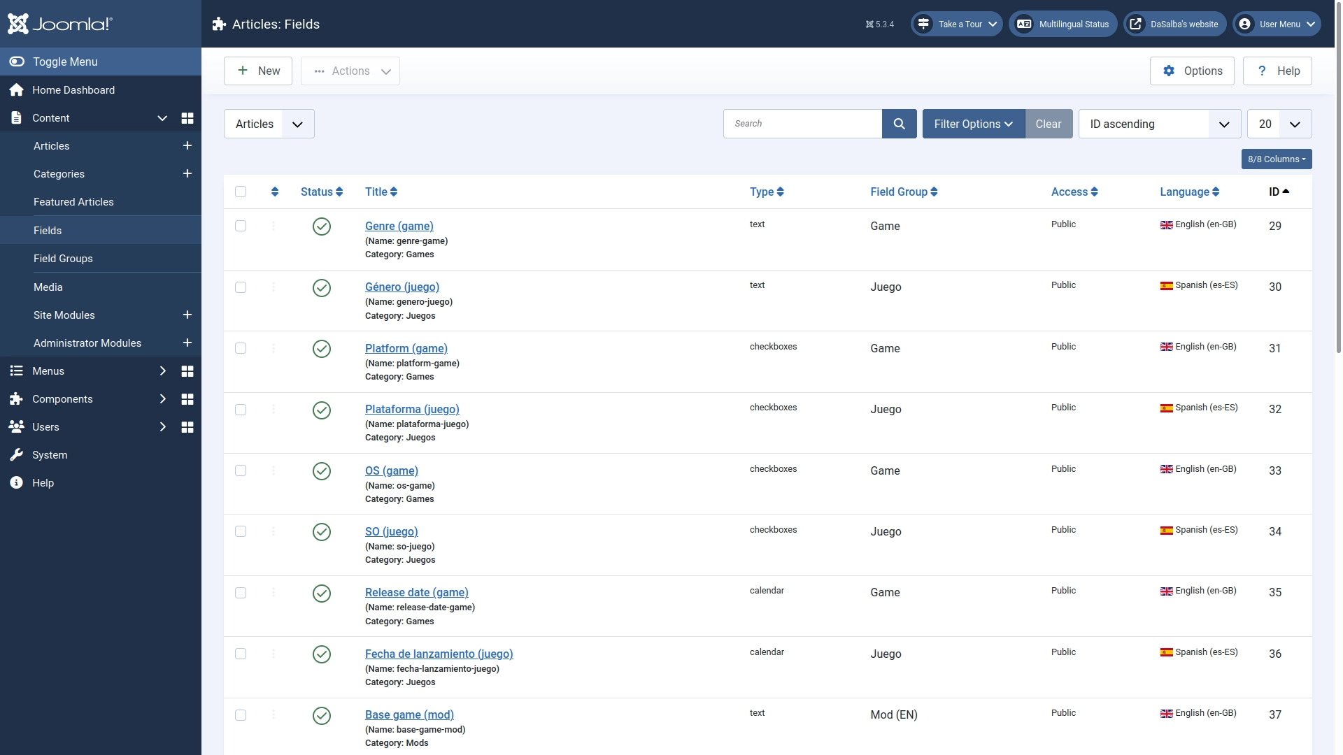 As with categories, articles and menus, you'll have to duplicate fields for each language you have.