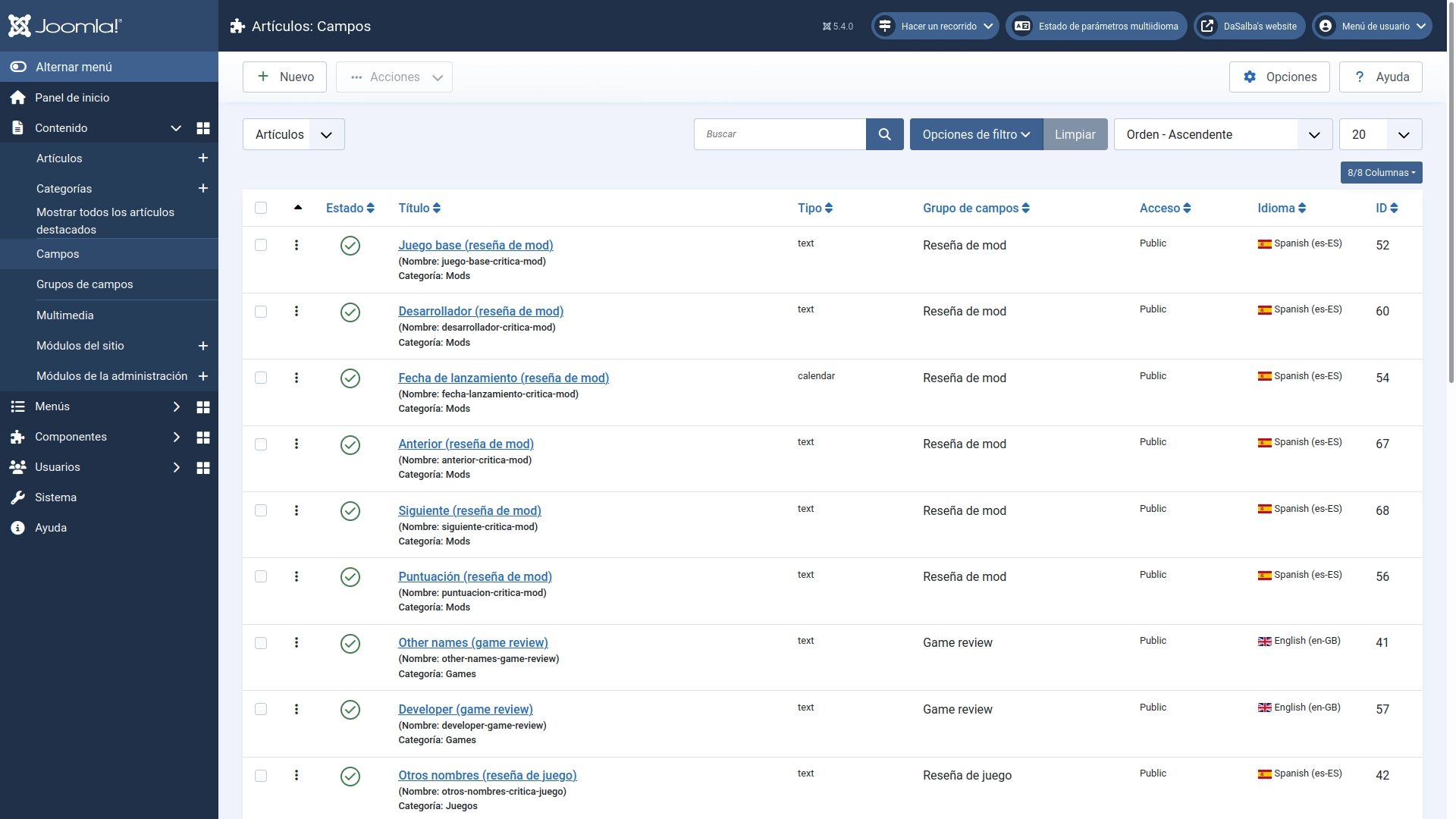 Al igual que con las categorías, artículos y menús, tendrás que duplicar tus campos para cada idioma que tengas.