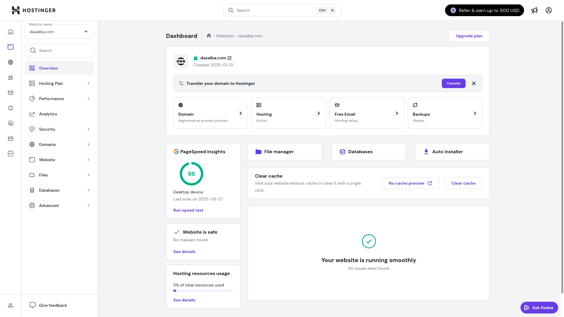 The site's dashboard in Hostinger. The menus hide all the configuration items you could ever want to tinker with.