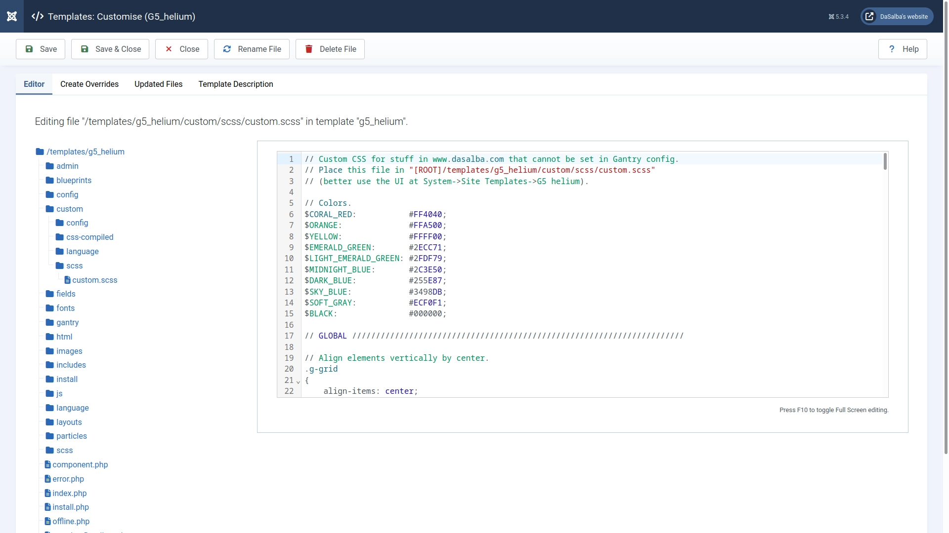 The beginning of my custom SCSS file. You can check my reprehensible color choice!