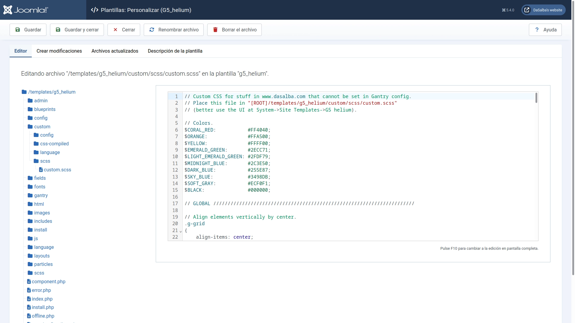 El principio de mi archivo SCSS. ¡Puedes comprobar mi discutible elección de colores!