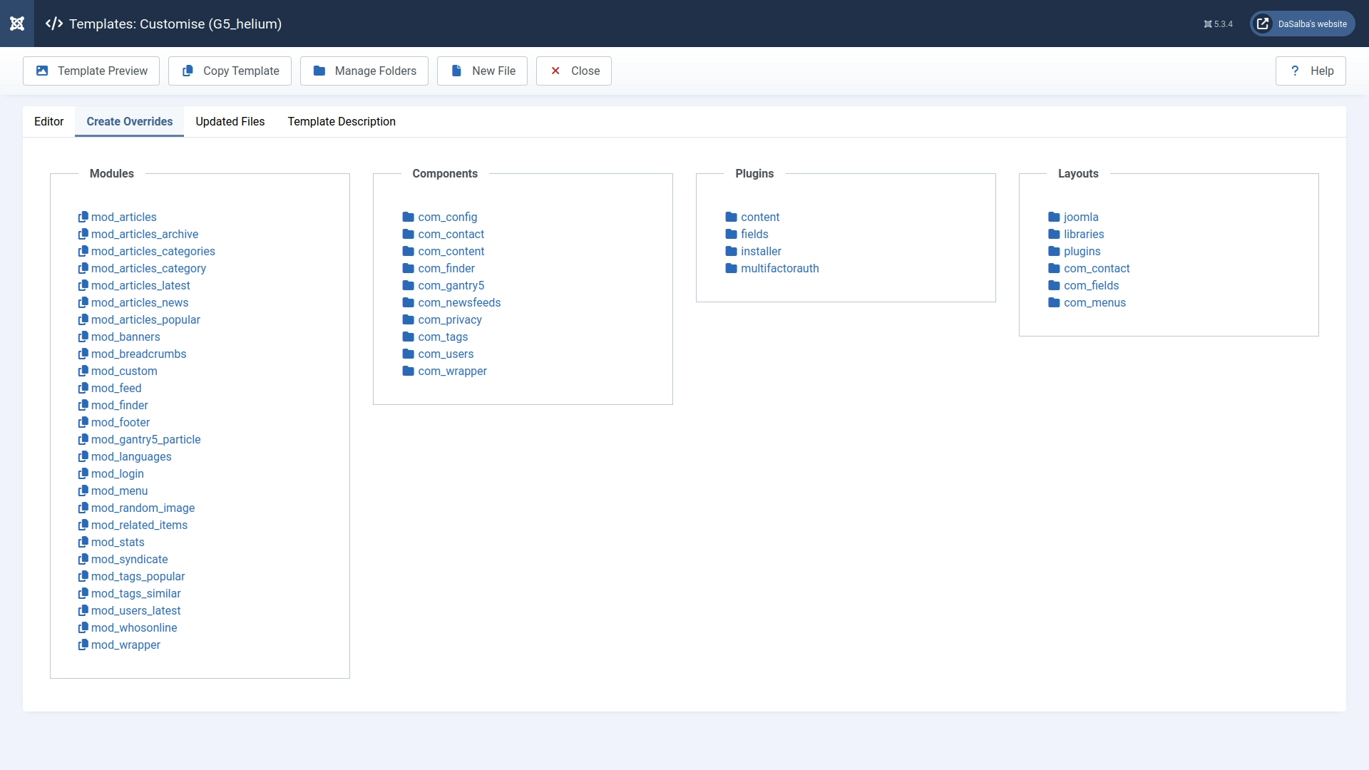 In this tab, you can select which part of Joomla you want to modify.
