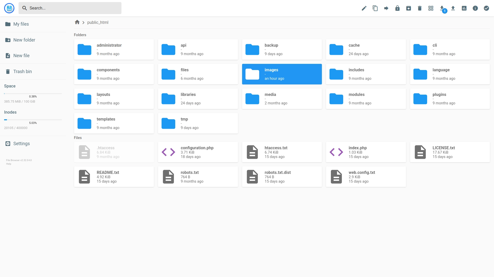 The unpacked Joomla distribution in all its glory. You'll rarely return to this File Manager.