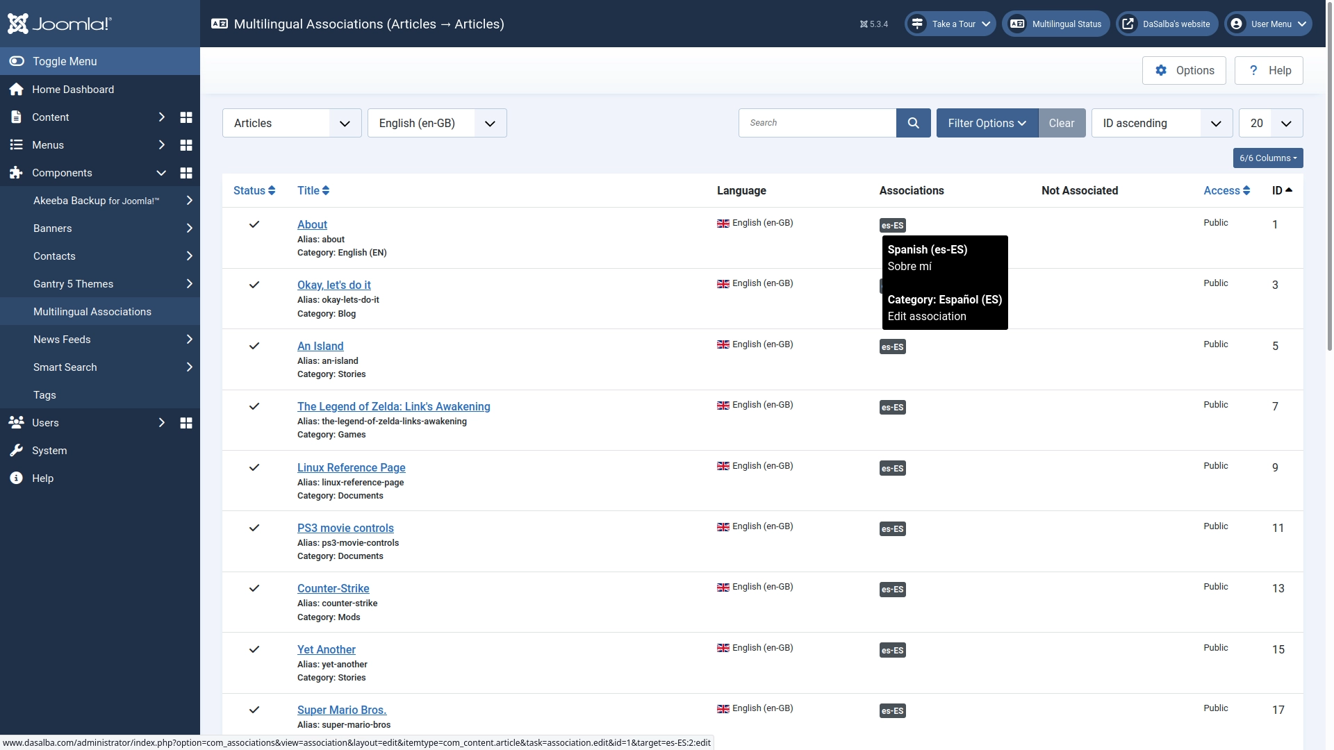 Language associations can also be set from a tab in the article editor. I rarely use this menu.