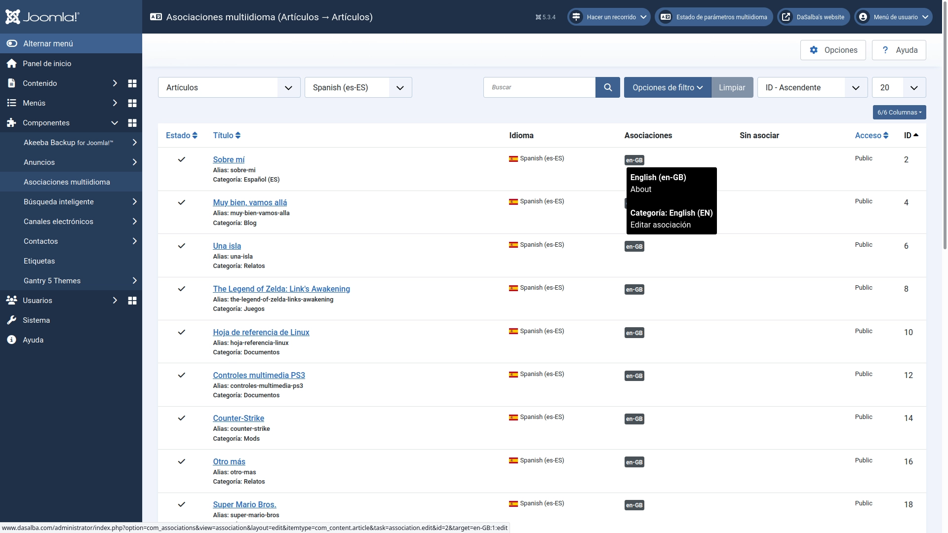 Las asociaciones multiidioma también se pueden declarar desde una pestaña en el editor de artículos. Yo apenas utilizo este menú.