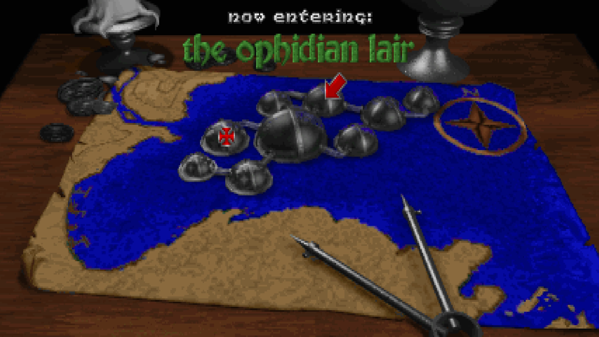 Colorful maps show the itinerary of Corvus, the main character, between levels.