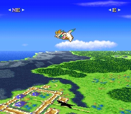 Dragon travel uses the famous Mode 7 of the SNES. You can also switch to an overhead view. Dragon travel uses the famous Mode 7 of the SNES. You can also switch to an overhead view.