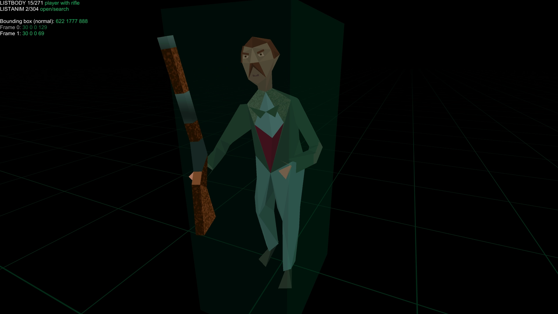 The Alone in the Dark Room Viewer app, showing the player model of Edward Carnby holding a shotgun, complete with animations and hitbox.