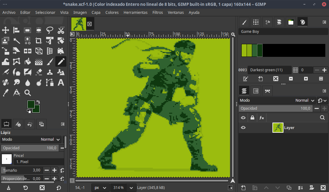 Interfaz principal de GIMP, con la imagen de Solid Snake convertida usando la paleta de Game Boy.